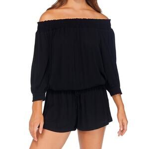 Raisins NWT Juniors' Solid West Coast Off-The-Shoulder Romper Swim Cover-Up M
